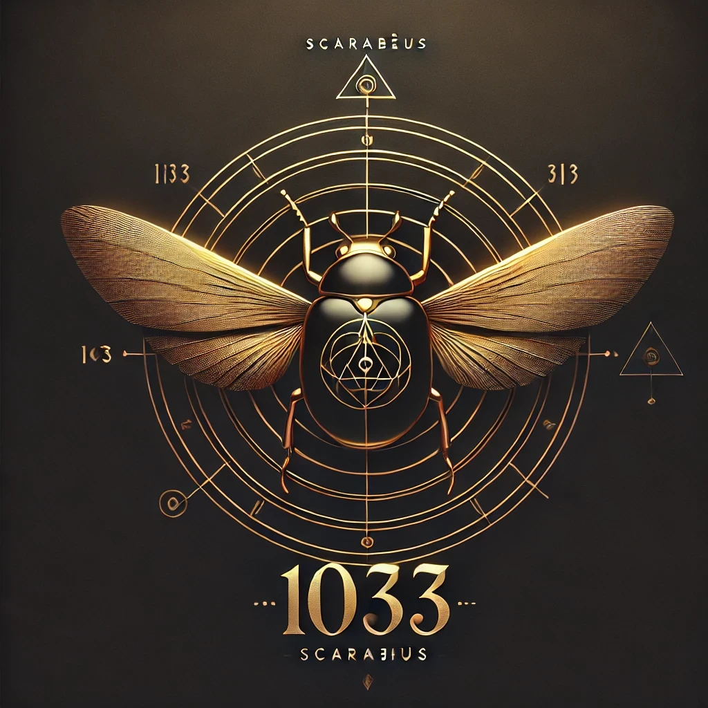 A winged golden scarab in a geometric field, the central symbol of Scarabaeus 1033.